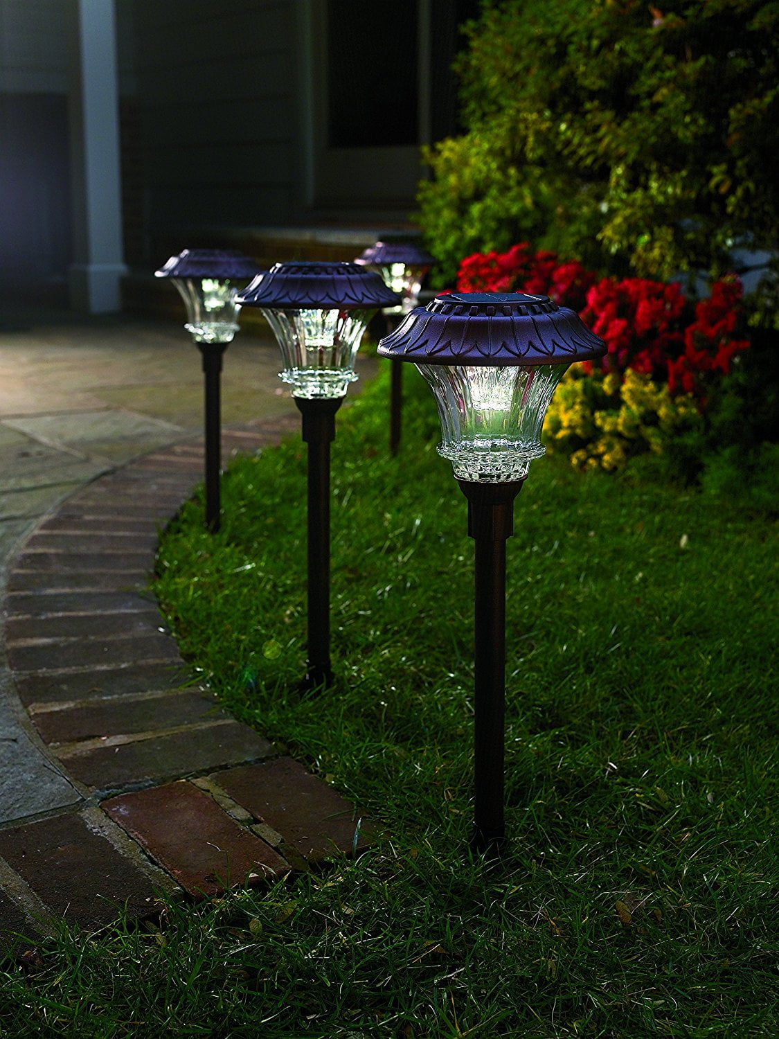 Set Of 4 Solar Garden Path Lights Glass And Powder Coated Cast Set Of 4 Solar Garden Path Lights Glass And Powder Coated Cast Aluminum Metal 6 Bright Leds Per Light 50 Lumens Output Led Easy No Wire Installation