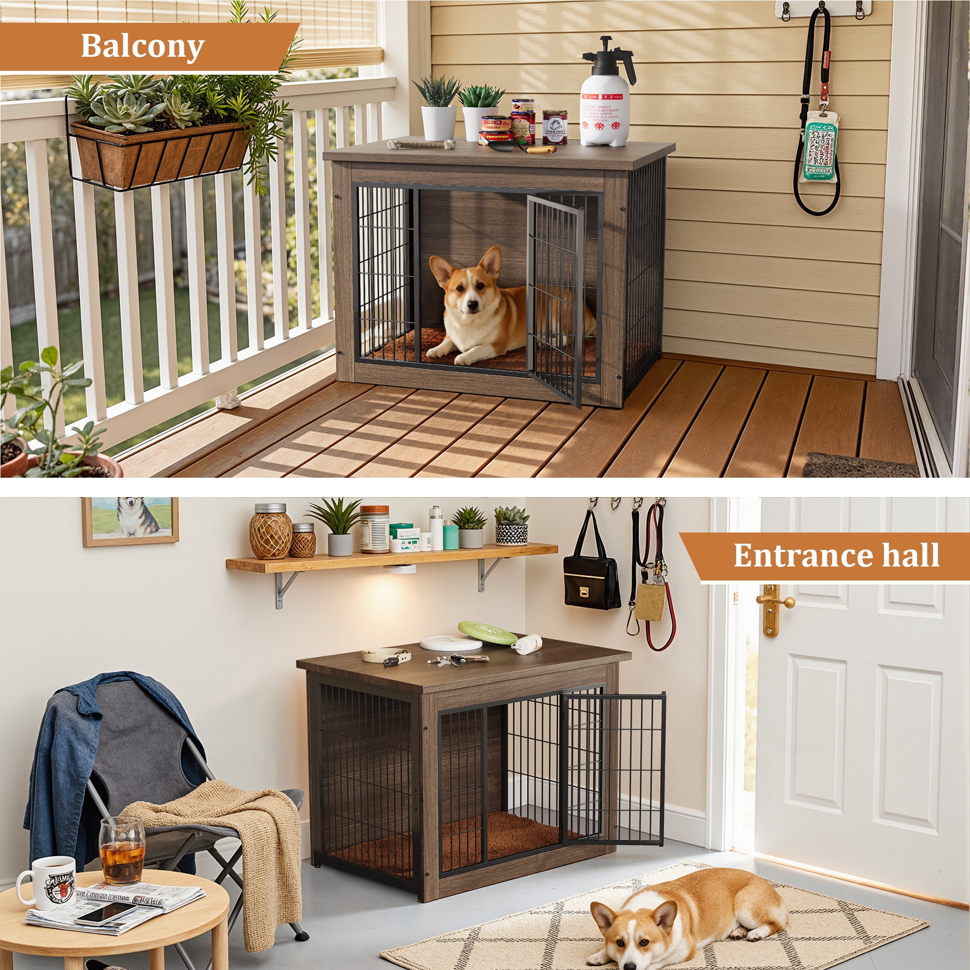 Furmax Heavy-Duty Wooden Dog Crate 2-Door Furniture Style Kennel with Chew-Proof Design & Removable Cushion, End Table for Small, Medium, Large Dogs