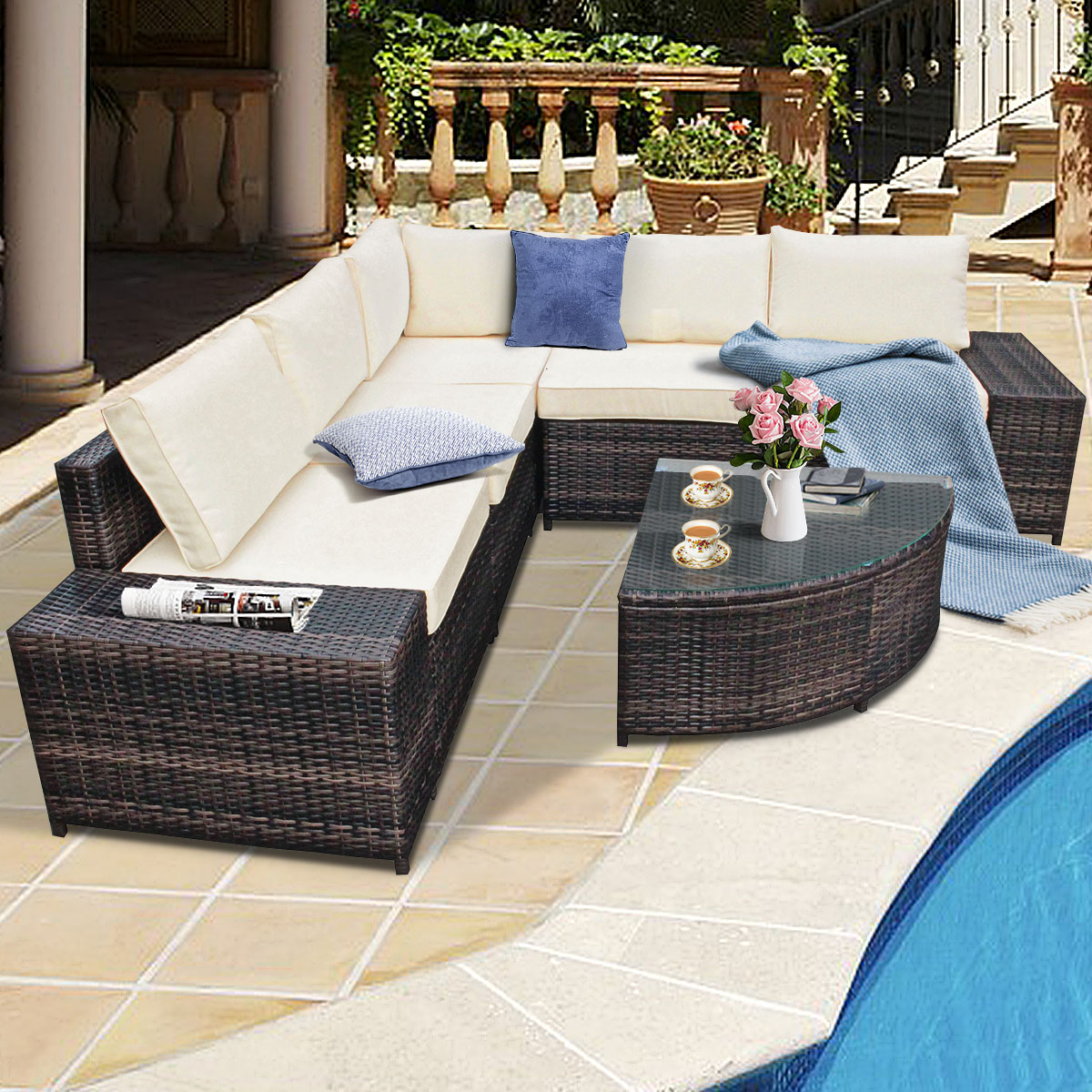 Patiojoy 6-Piece Outdoor Rattan Conversation Set Sectional Sofa Set with Arc-Shaped Table White - image 3 of 6