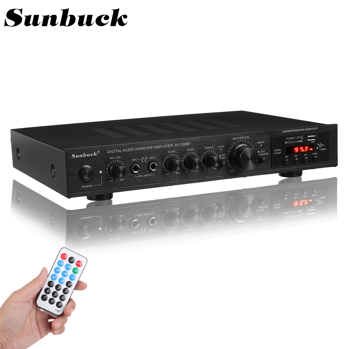 Sunbuck bluetooth Home Amplifier  Receiver for Speakers Slim Channel  Stereo Desktop Amp Receiver with FM Radio, USB/SD Readers, CD/DVD Players,  2-Mic Input, HIFI Amp