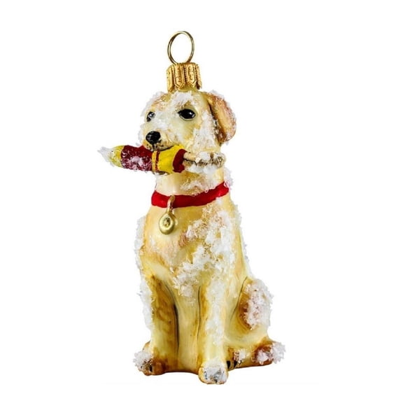 Snowy Labrador with Buoy Sitting Dog Polish Blown Glass Christmas Ornament