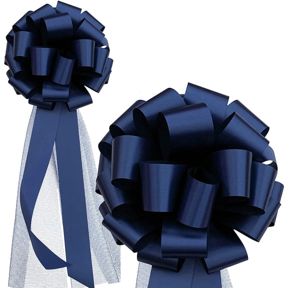 Large Navy Blue Wedding Pull Bows with Long Tulle Tails - 9" Wide, Set of 6, Easter, Memorial Day, 4th of July, Christmas, Birthday, Decoration, President's Day