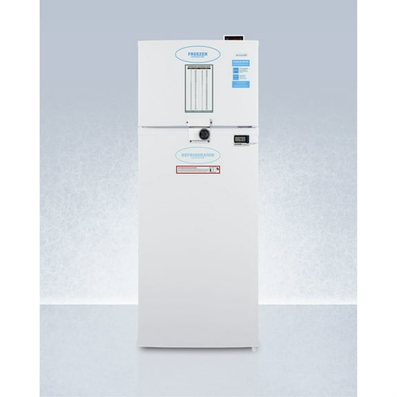 General purpose refrigerator-freezer with front lock, digital controls, internal fan, NIST calibrated alarm/thermometer, and 2-8C refrigerator section
