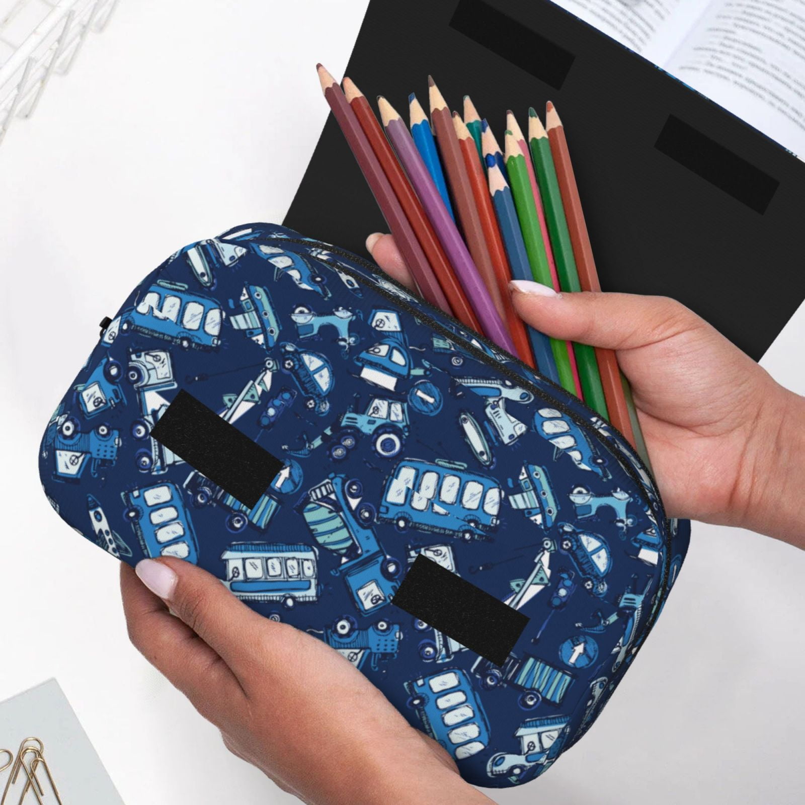 Rateoe Blue Bus Pattern Double Clamshell Pen Case, Storage Organizer with Two Zipper Compartments– Holds Up to 50 Pencils & Pens