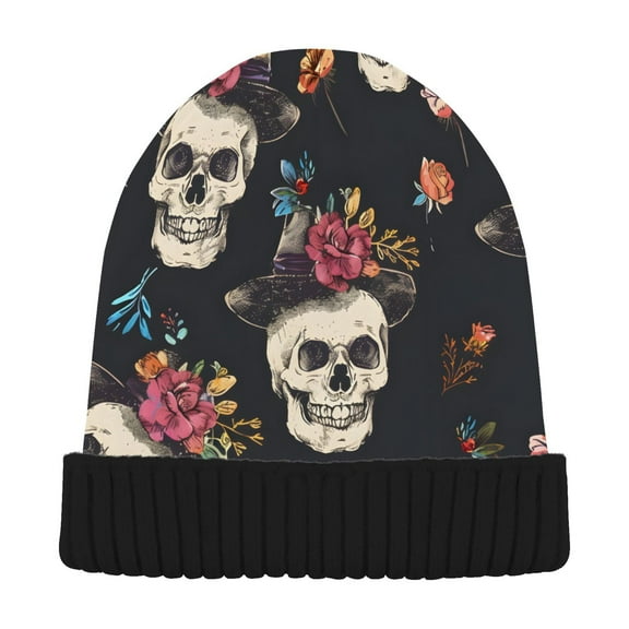 joogoo Floral on Skull Beanie Hats Cuffed Winter Warm Knit Thick Beanies