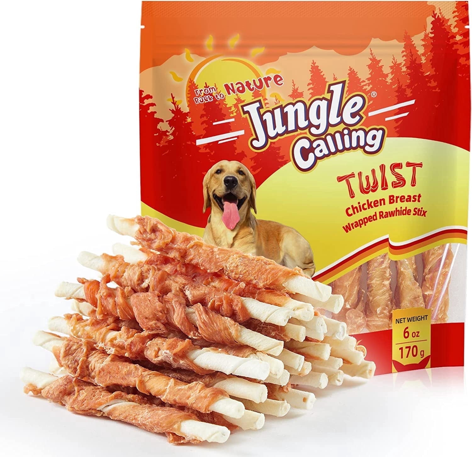 (5 pack) Jungle Calling Dog Treats, Chicken Wrapped Rawhide Sticks for Dogs, Delicious and Nutritious Training Reward Treats and Dog Chews Snacks, 6 oz