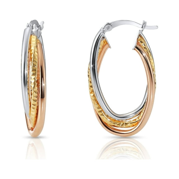 Tilo Jewelry .925 Sterling Silver Tri-Colored Oval Hoop Earrings with Spiral Design Hoops | 1.1 Inch | Women & Unisex