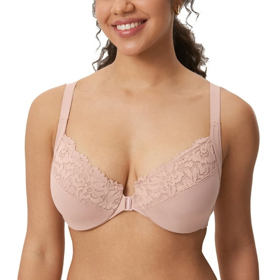 DELIMIRA Women's Front Closure Bras Posture Full Coverage Plus Size Lace Underwire Unlined Bra