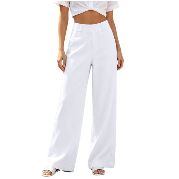 Qulqfy Linen Wide Leg Pants for Women Baggy High Waisted Petite Casual Cotton White Button Fly Trousers Pants with Pockets XL