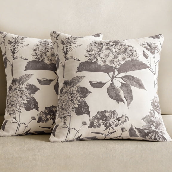 COOKCOK Set of 2 Vintage Floral Throw Pillow Covers, 18" x 18" Neutral Block Print Decorative Cushion Covers, Double-Sided Boho Farmhouse Decor for Sofa Couch Bed, Light Grey