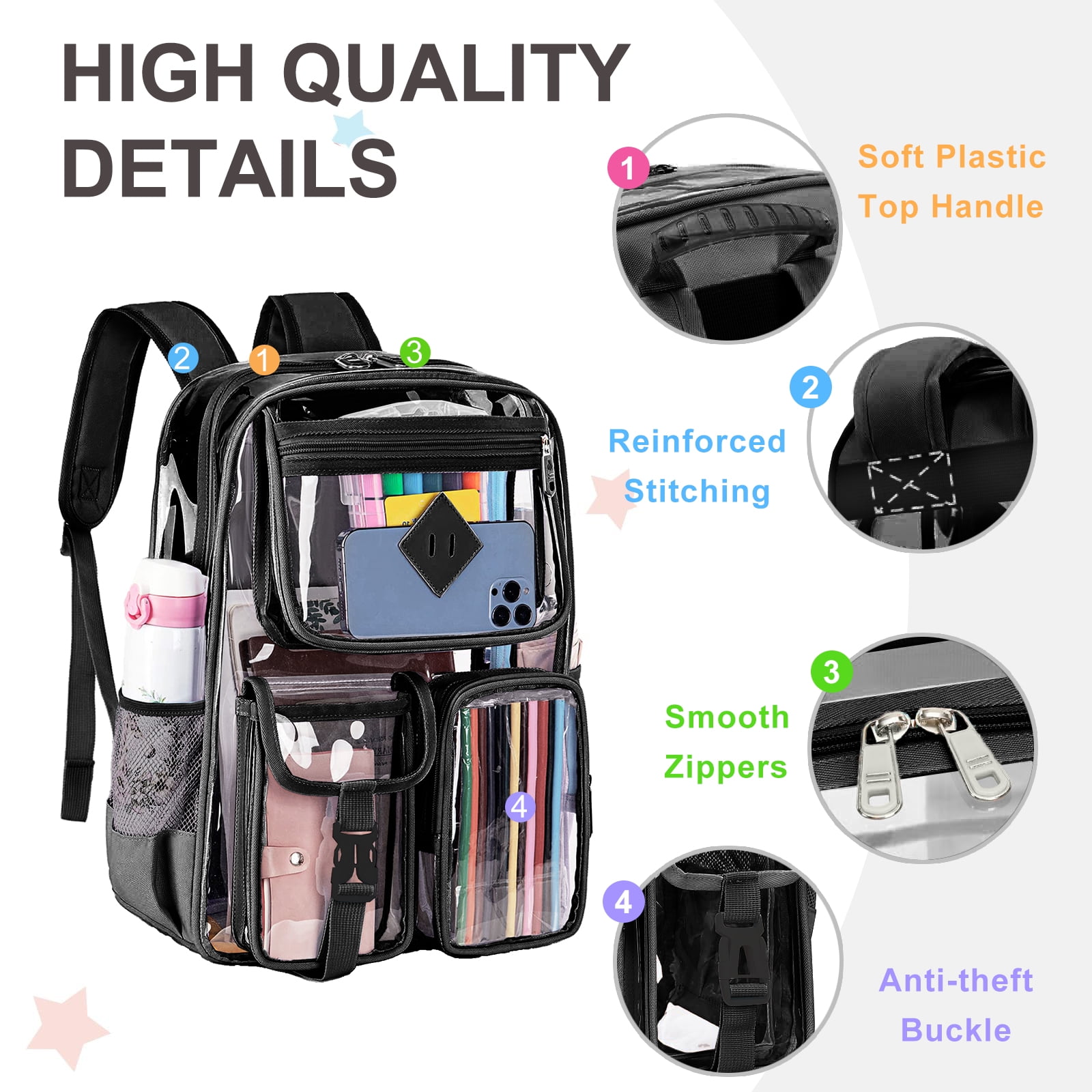 Sanmadrola Large Clear Backpack Heavy Duty Stadium Approved See Through Backpack Waterproof PVC Transparent Backpacks Clear Book Bag with Reinforced Strap for School Work Travel Festival, Black