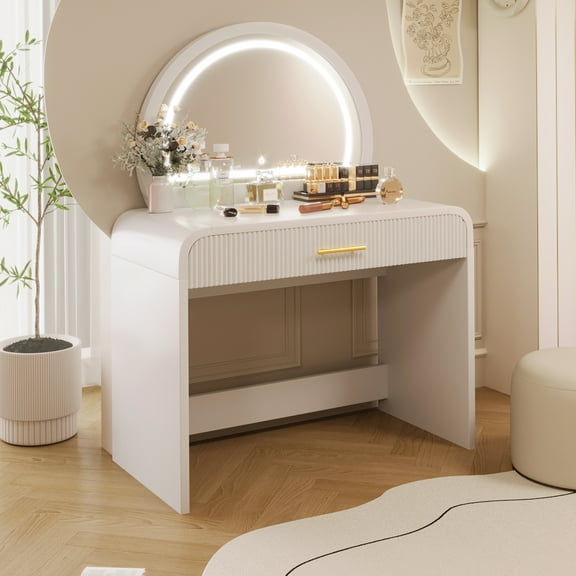 EUROCO Makeup Vanity Desk with Mirror,Vanity Table Set with Touch Screen Lighted Mirror,a Drawer and LED Lights,Dressing Table Set for Bedroom Dressing Room,White