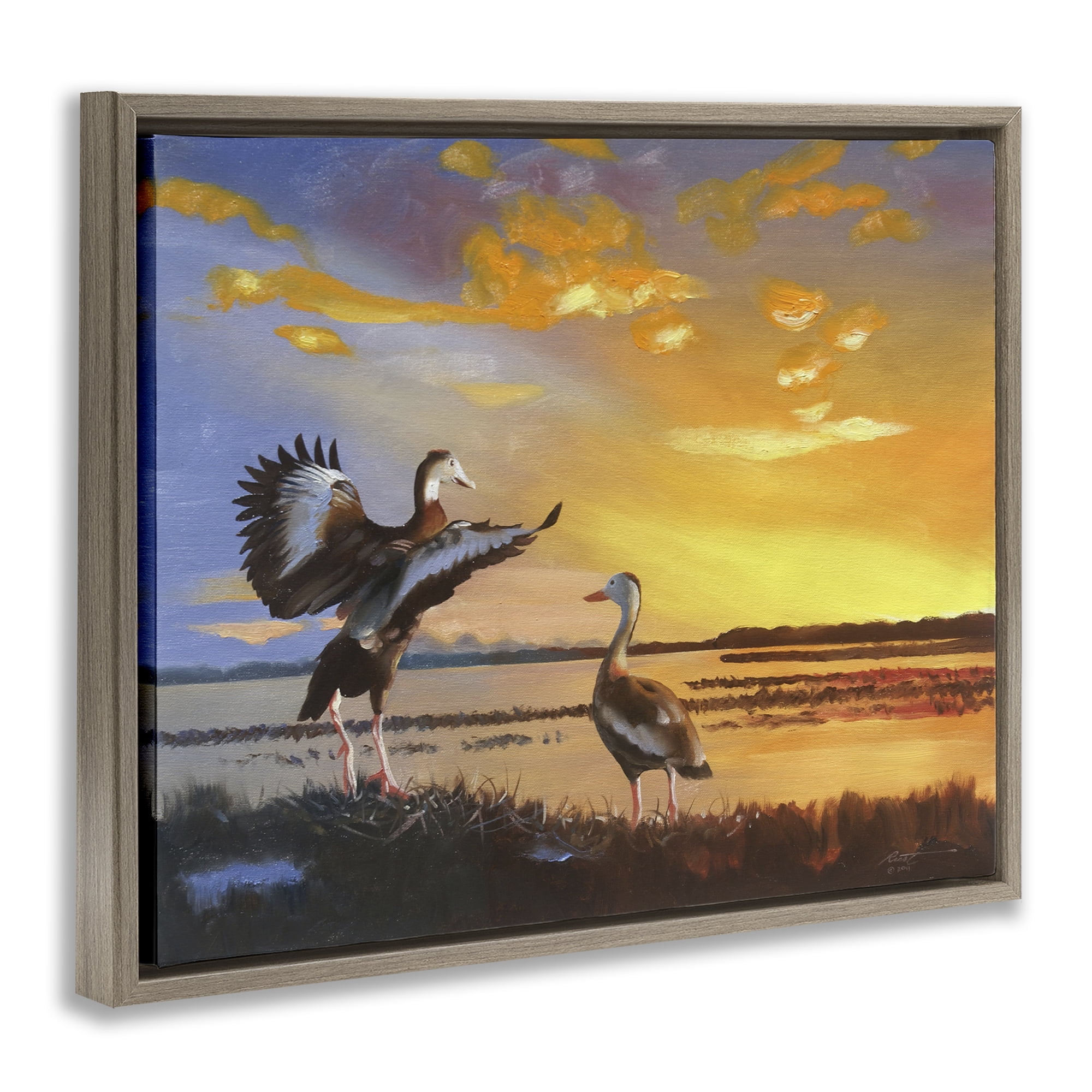 Stupell Industries Beach Birds at Sunset Animals & Insects Painting Brown Floater Framed Canvas Art Print Wall Art, 31 x 25