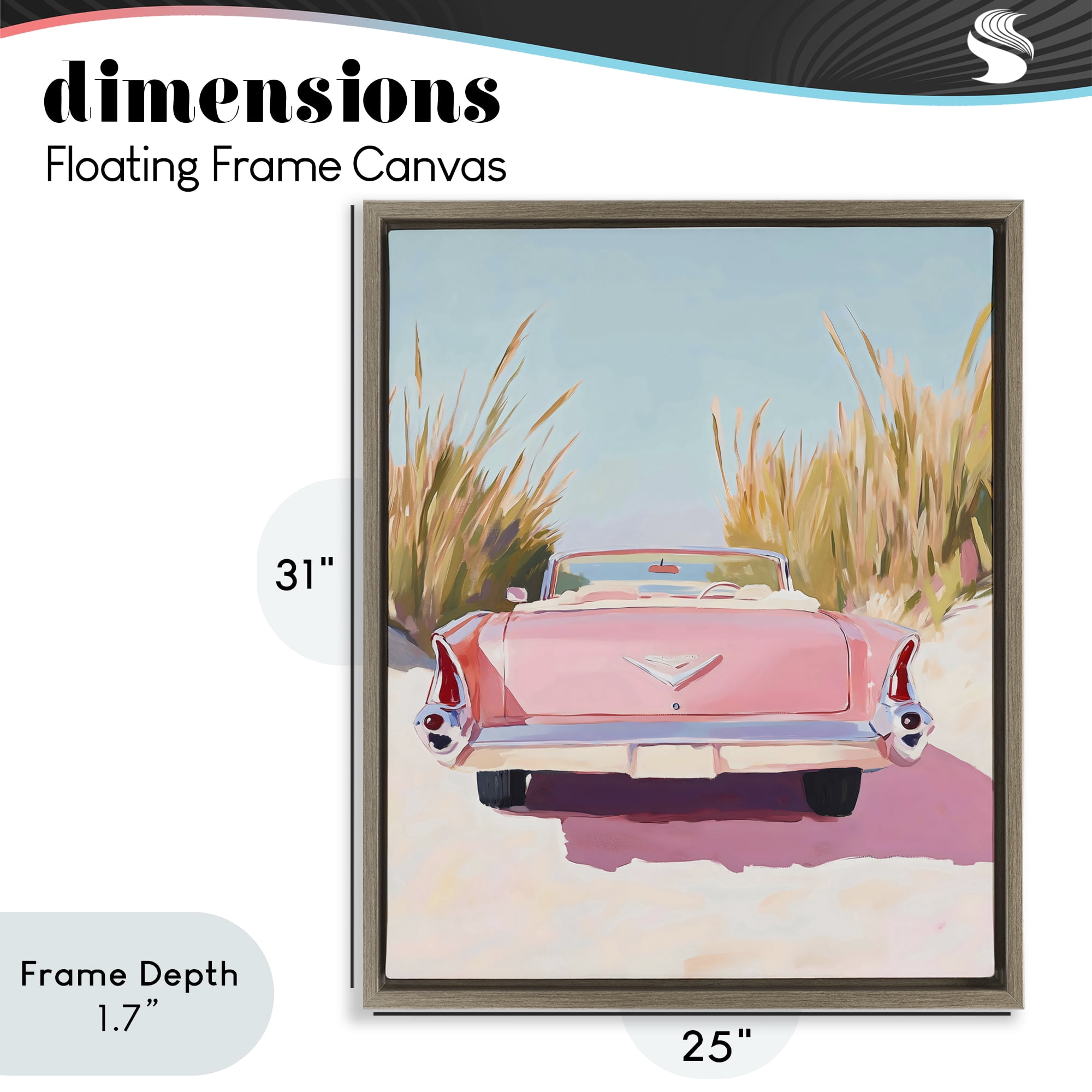 Stupell Industries Pink Cadillac on Beach Brown Framed Floater Canvas Wall Art, design by The Prints Vibe