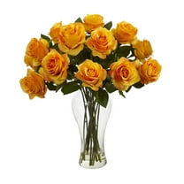Nearly Natural Orange Blooming Roses with Vase Artificial Flower Arrangement
