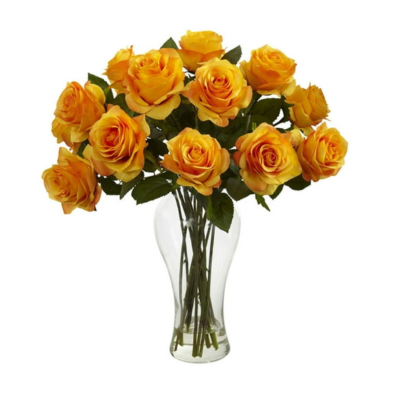Nearly Natural Orange Blooming Roses with Vase Artificial Flower Arrangement
