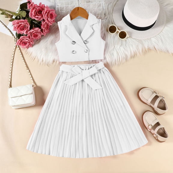 hengsof Girls 2 Piece Sleeveless Top Skirt Set for 2-8 Years Old Solid Color Blazer Collar Tank Pleated Skirt Outfit Toddler Girl Clothes