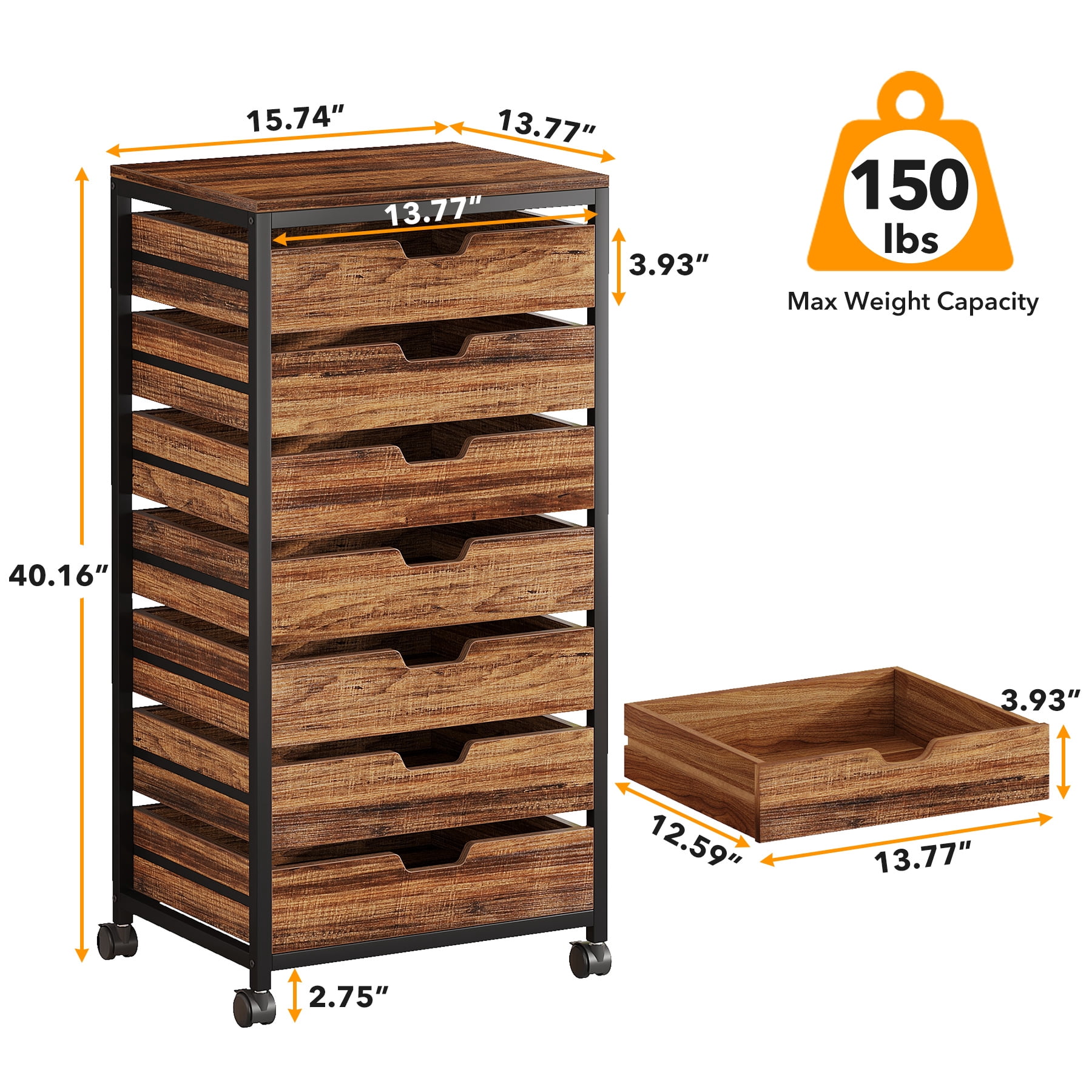 Tribesigns Industrial 7-Drawer Chest Dresser with Wheels Storage Wood Organizer Cart for Entryway