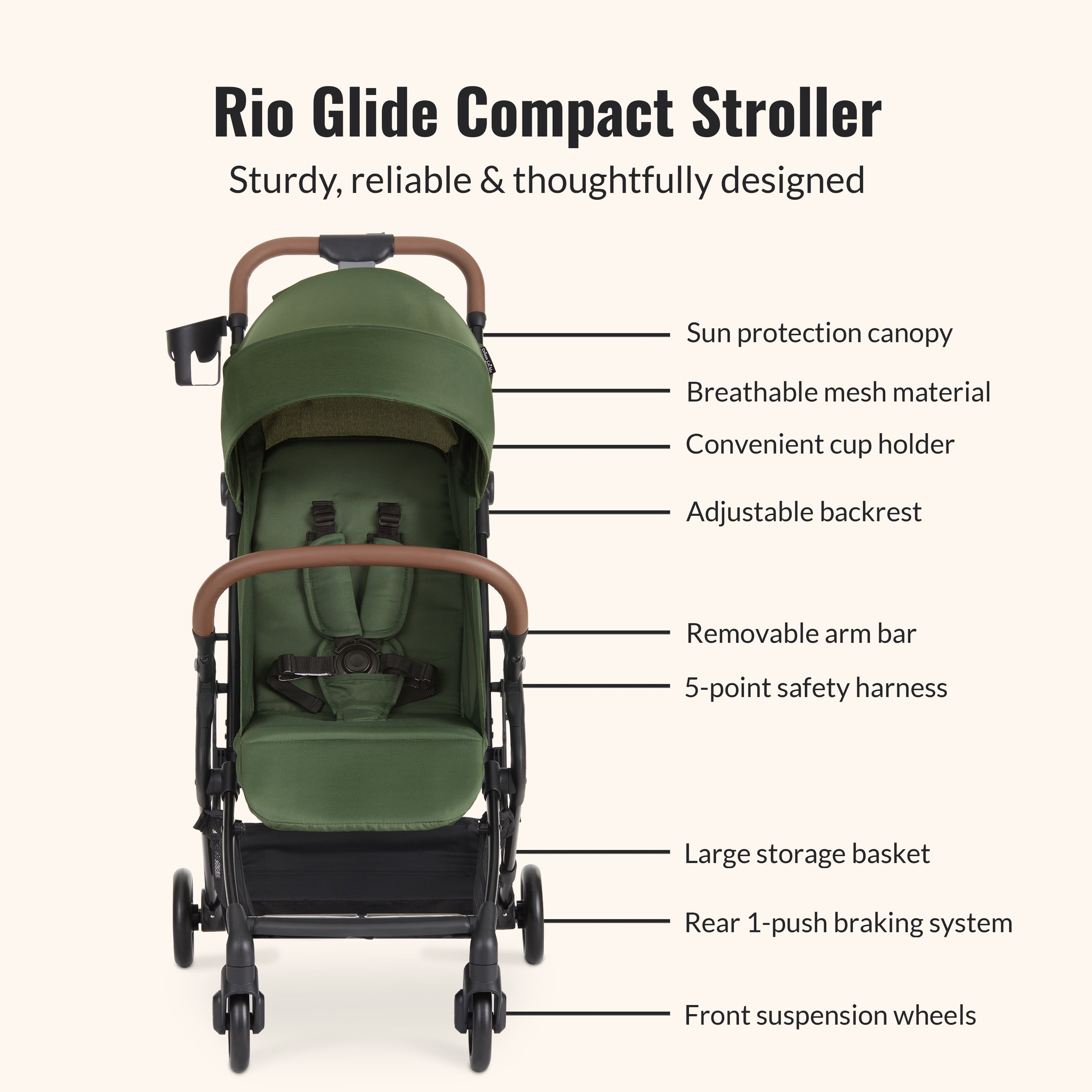 Dream On Me RioGlide Compact Stroller, Forest Green