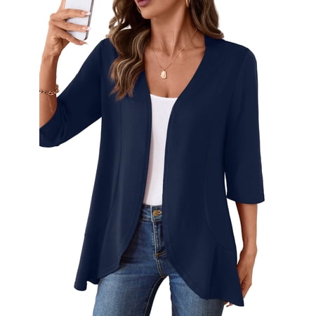 Anygrew Casual Lightweight Cardigans For Women Out Open Front Jackets 3/4 Sleeves
