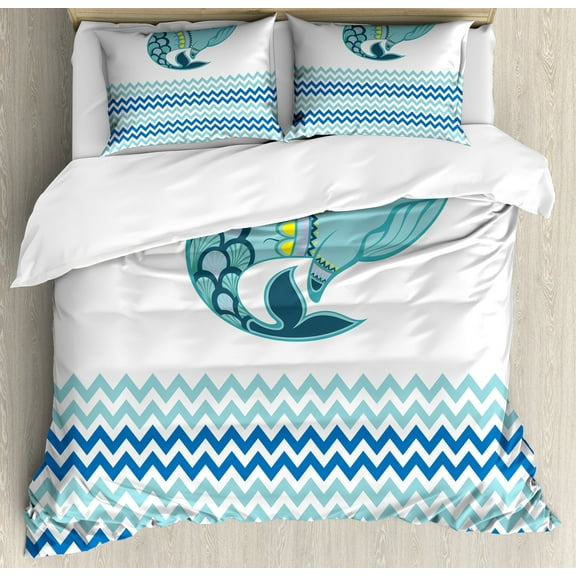 Whale Duvet Cover Set, Big Ornamental Tailed Design Whale with Zig Zag Pattern Ocean Wave Art Print, Decorative 3 Piece Bedding Set with 2 Pillow Shams, Calking Size, Blue and White, by Ambesonne