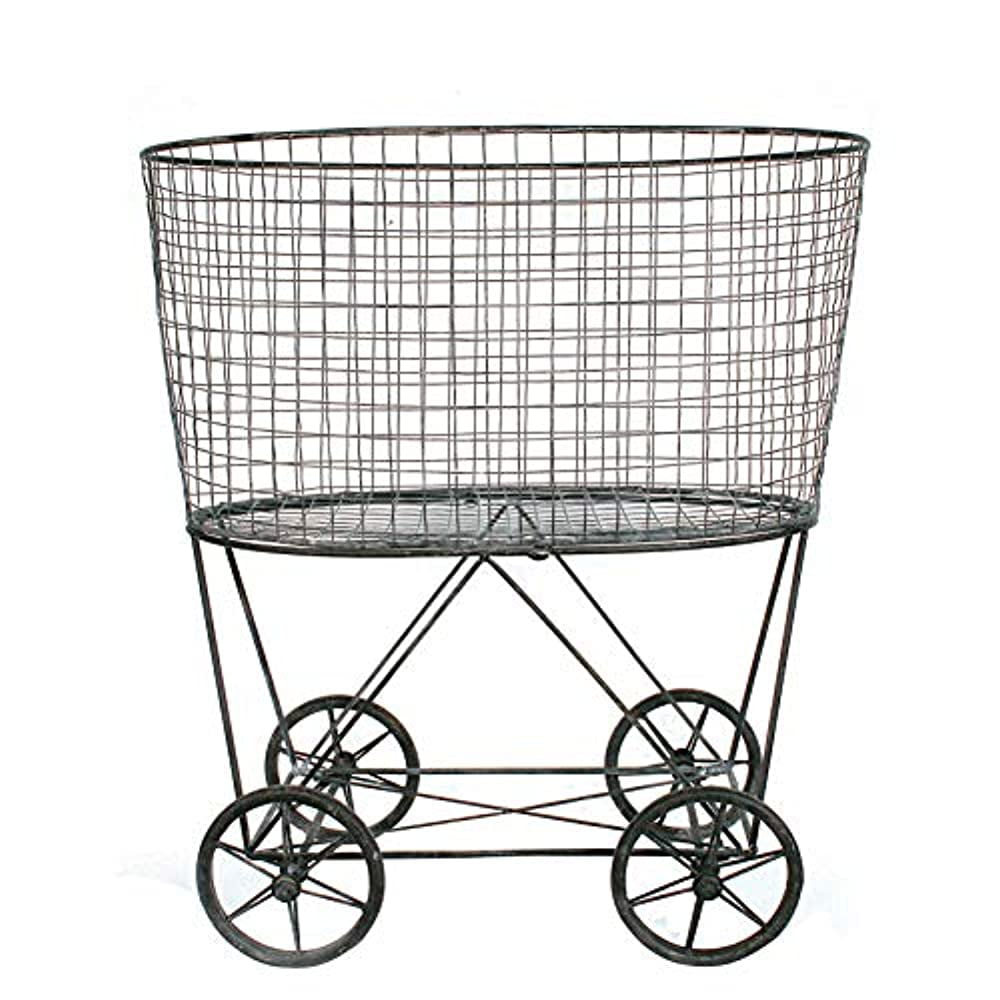 Vintage Farmhouse Style Metal Rolling Laundry Basket with Wheels Silver 