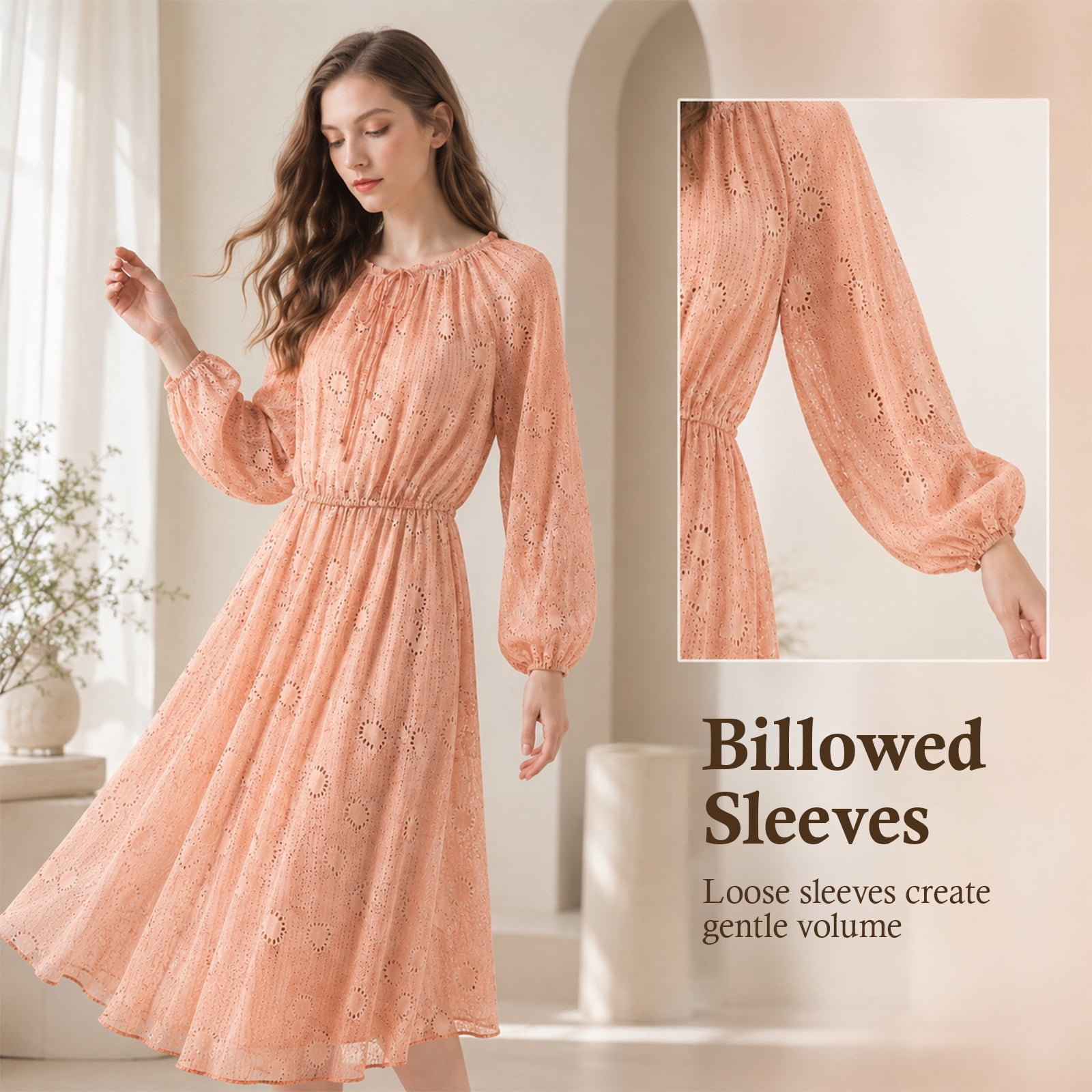 Alvantor Women's Boho Midi Dress, Long Sleeve Smocked Waist, Coral Multi
