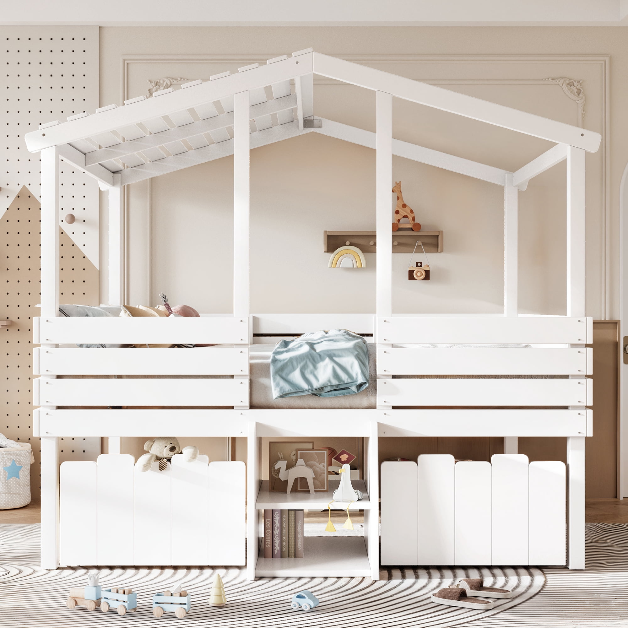 HOQBN House Loft Bed Full Size,Low Loft Bed with Stairs and 2 Big Storage Drawers,Farmhouse Style Bed Frame with House Shaped Roof,White