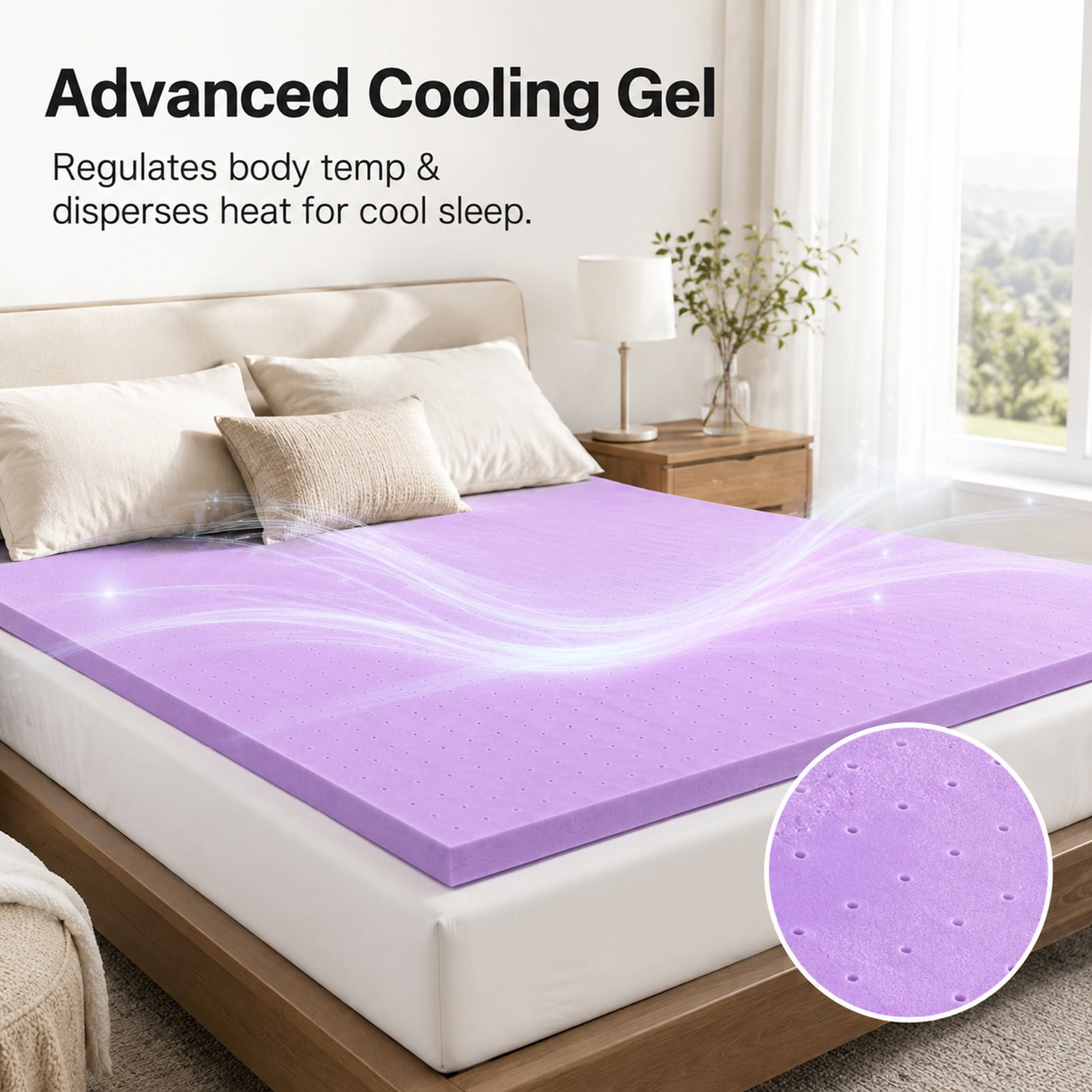 Alvantor 4 Inch Cooling Gel Memory Foam Mattress Topper Pressure Relief Pad, Ventilated Design Bed Topper, Purple