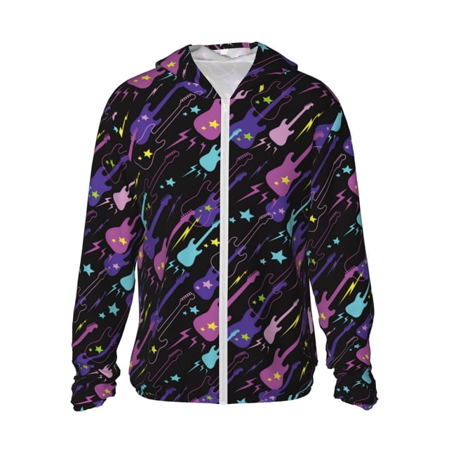 Balery Colorful Guitar Sudadera ligera de manga larga con capucha y protección solar UPF 50+ para hombre y mujer, ideal para pesca y running-3X-Large
