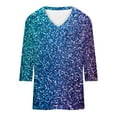 thumbnail image 4 of Uootdi Women's Glitter Ombre V Neck Top 3/4 Sleeves Sparkle Shirt Party Casual Tee for Night Out Event Outfits Trendy Fashion Multicolor Womens Tops, 4 of 5