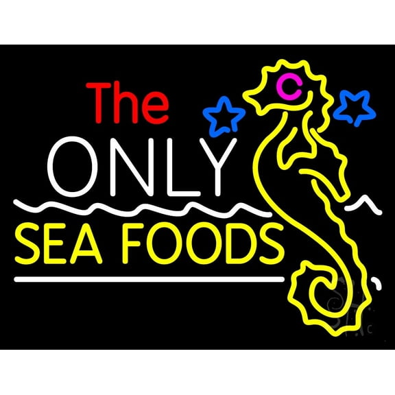 The Only Seafood LED Neon Sign 24 x 31 - inches, Black Square Cut Acrylic Backing, with Dimmer - Bright and Premium built indoor LED Neon Sign for restaurant window and interior decor.