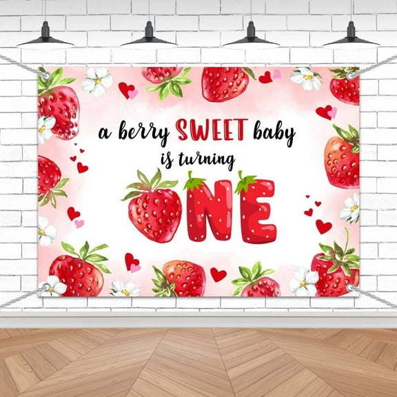 A Berry Sweet Baby Is Turning One Party Decoration Banner Girl 1st Birthday Party Supplies Strawberry Birthday Party Background For Girls 7x5ft