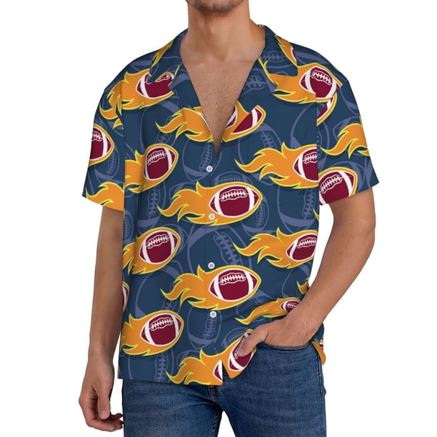 Balery Burning Rugby Balls Camisa Casual de Manga Corta con Botones para Hombre, Texturizada, Estilo Cubano, para Playa, Verano-XX-Large