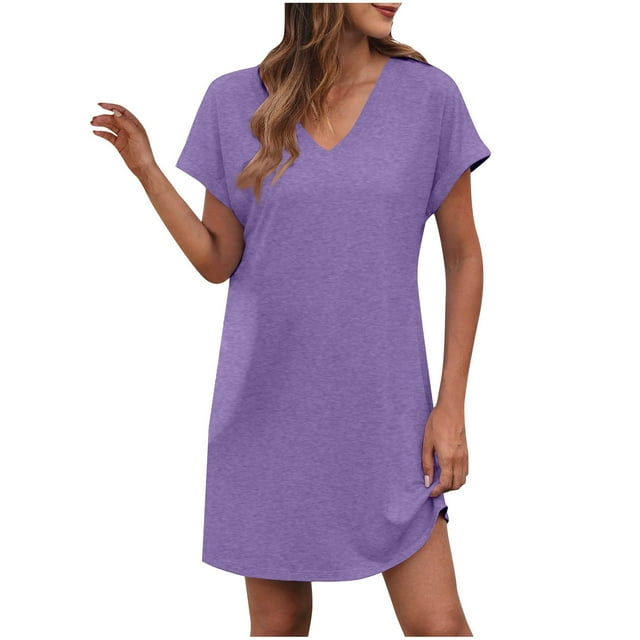 LOVZFMLL Robes d'Été pour Femmes Décontractées Amples T-Shirt Robe Droite Col en V Manches Courtes à Revers Uni Basique Tenues Quotidiennes Violet A m