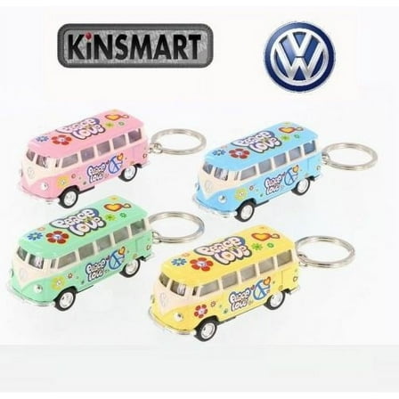 4PC Set:2.5" Kinsmart 1962 Volkswagen Bus Diecast Toy Keychain 1:64 Decal Pastel