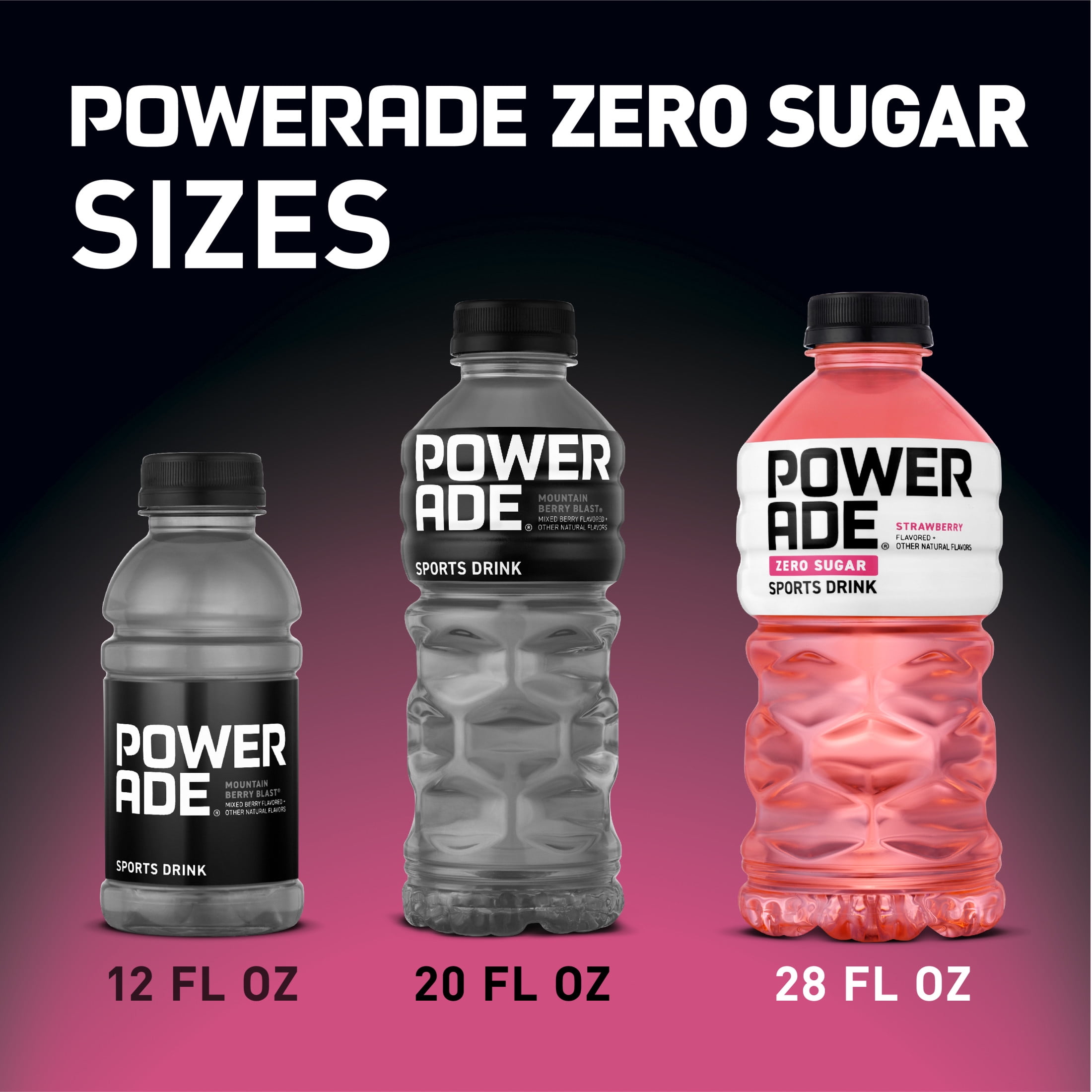 POWERADE Zero Strawberry, ION4 Electrolyte Enhanced Fruit Flavored Zero Sugar Zero Calorie Sports Drink w/ Vitamins B3, B6, and B12, Replinish Sodium, Calcium, Potassium, Magnesium, 28 fl oz