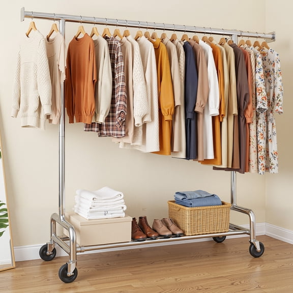 melmine Rolling Clothes Rack with Wheels,Adjustable&Sturdy,Heavy Duty Metal Garment Rack with Shelf & Hooks for Bedroom,Chrome