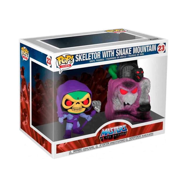 pop town: motu- snake mountain w/skeletor Nuevo, sellado Multicolor caja con ventana mostrando figura Pop Town Skeletor y Snake Mountain; vista frontal de Skeletor vinil morado y verde con cetro y montaña serpiente gris y rosa con ojos rojos, coleccionable Masters of the Universe ideal para display.