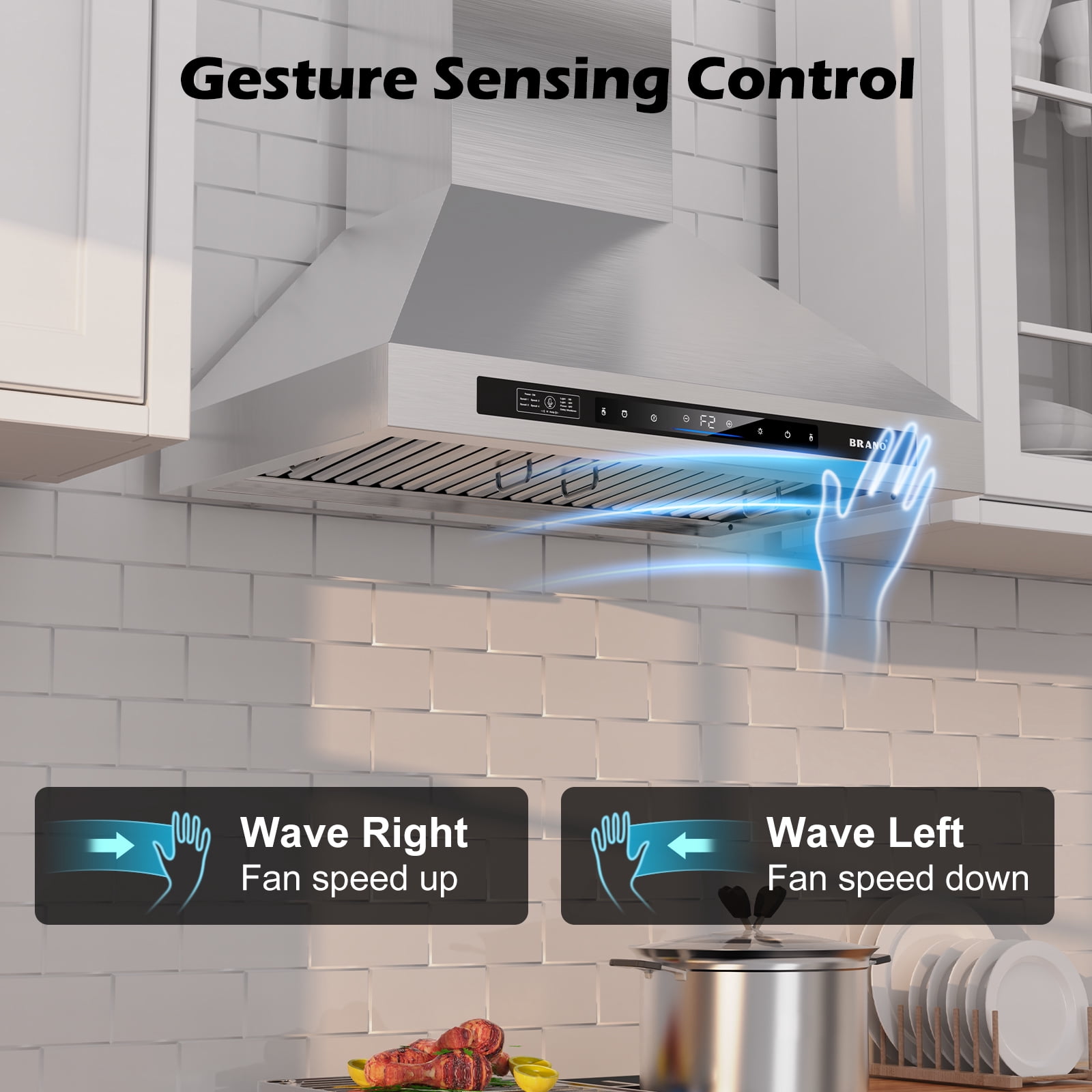 Brano 30 Inch Range Hood Wall Mount 900 CFM Ducted/Ductless Convertible Stainless Steel Vent Hood, Voice Gesture Touch Control Panel