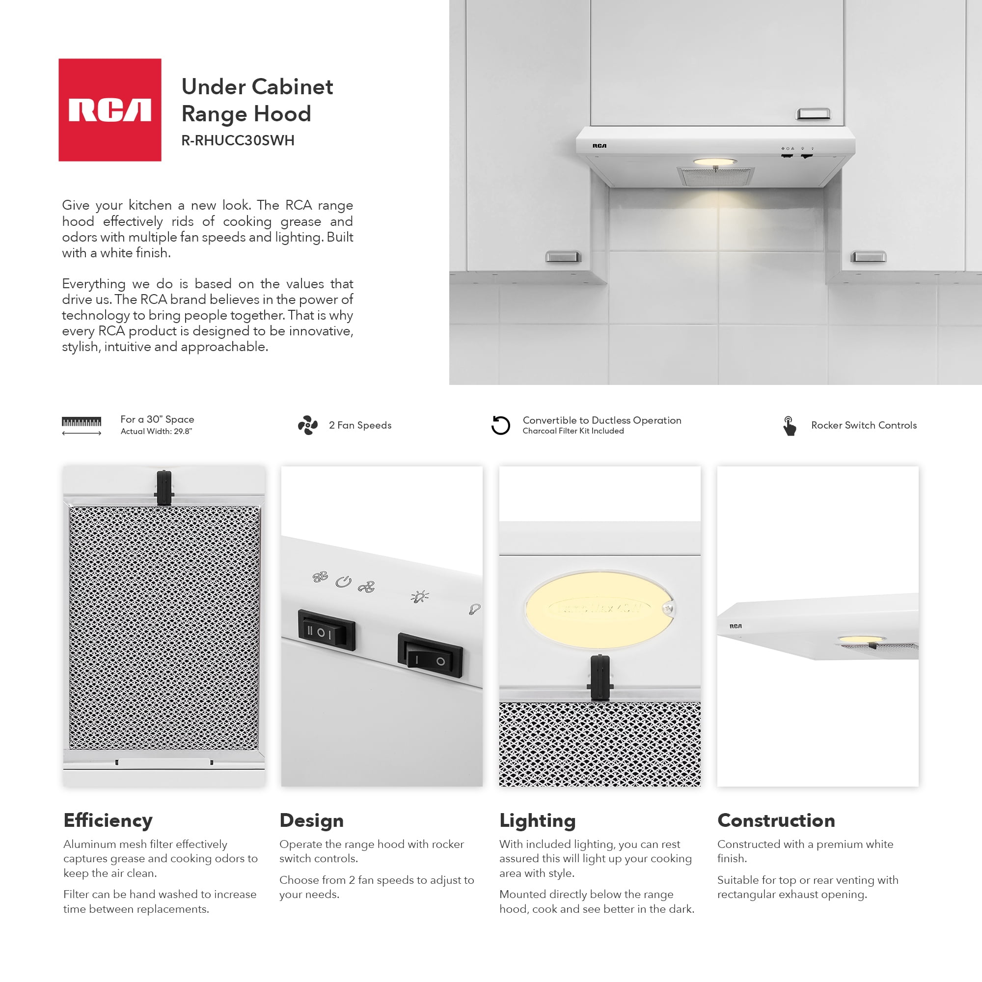 RCA 30 in. Century Collection Ductless 160 CFM Under Cabinet Range Hood, Reusable Filter, Light, White
