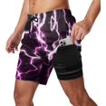 thumbnail image 1 of Sunyuer Men's Swim Trunks with Compression Liner 2-in-1 Drawstring Swimming Shorts Quick Dry Beach Board Shorts with Pockets, Pink Flash Lightning, XL, 1 of 8