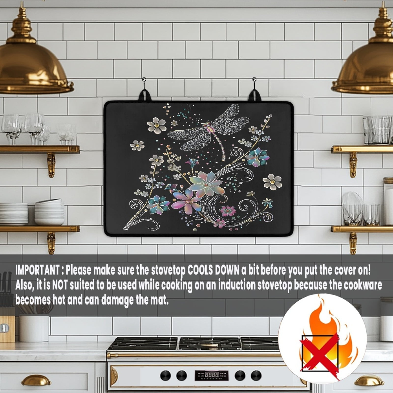 ZIATUBLE Electric Stove Top Cover Induction Stove Top Protector Anti-Scratch Universal Cooktop Mat for Glass Ceramic Stove Top Kitchen Accessories Decor, 29 x 21 Inch, Dragonfly Flower Black
