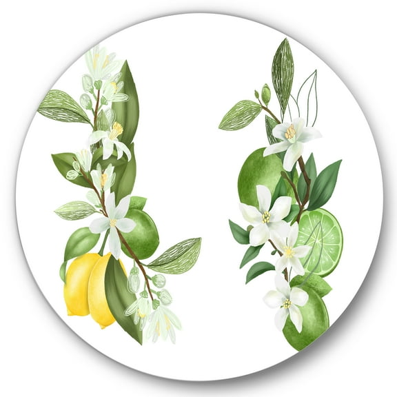 Designart 'Bouquets Of Blooming Lemon Tree Branches on White' Traditional Circle Metal Wall Art 36x36 - Disc of 36