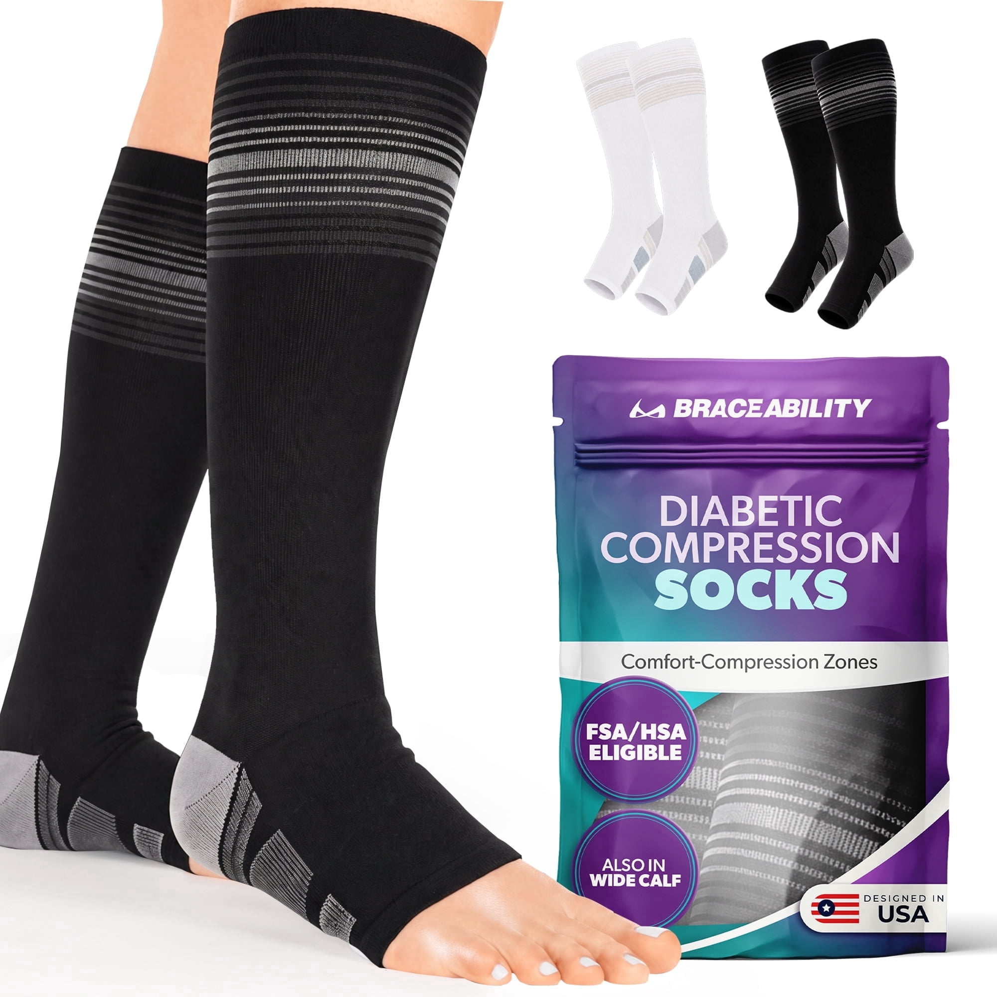 BraceAbility Knee High Diabetic Compression Socks, 20-30 mmHg Toeless Over the Calf Neuropathy Socks for Swollen Legs, L, Black, 1 Pair