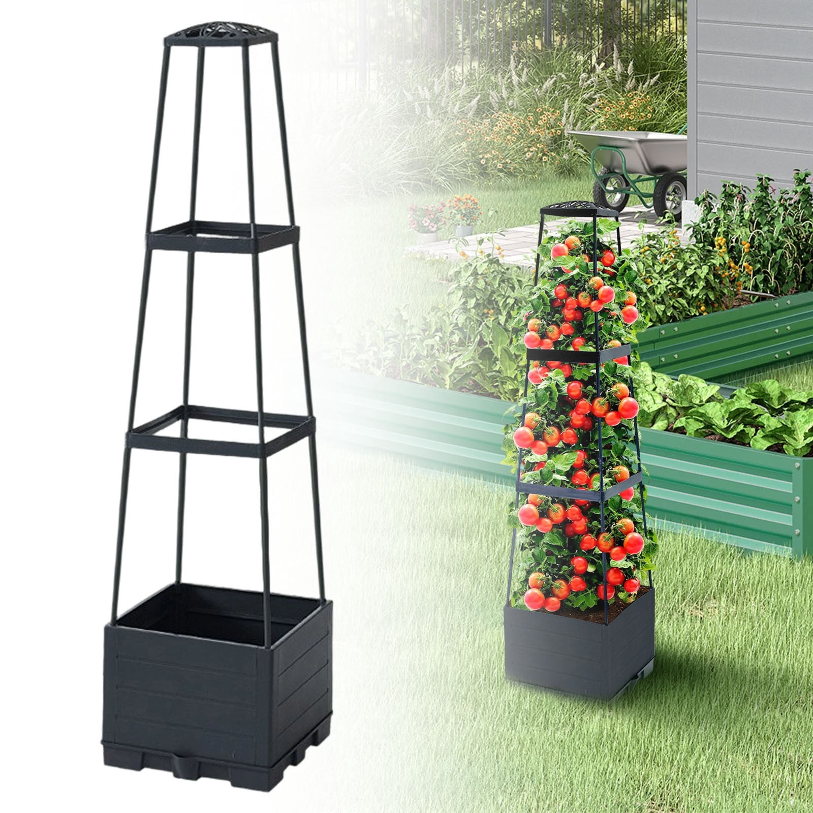 Raised Garden Bed Planter Box with Trellis, Tomato Cages for Climbing Vegetables Plant, Self-Watering Tomato Cage for Garden Patio Outdoor & Indoor, 3 Layer, Style B