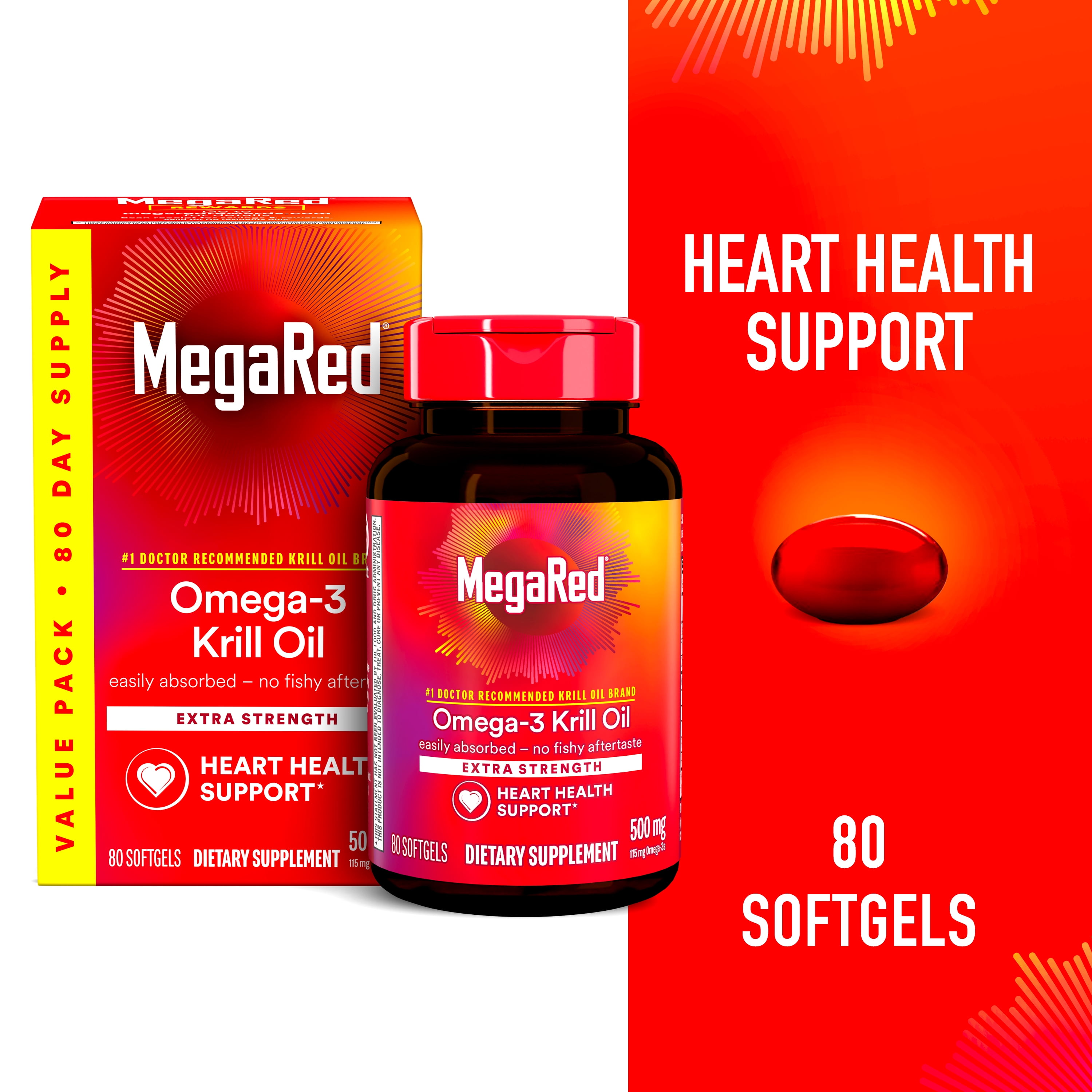MegaRed 500mg Extra Strength Omega-3 Krill Oil, 80 Softgels - Walmart.com