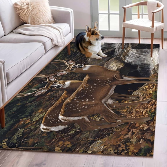 Hallway Runner Rugs 2.7x5 Ft, Forest Deer Non Slip Area Rugs for Kitchen Bedroom Entryway, Farmhouse Vintage River Elk Washable Carpet Runner Rug Floor Mats for Bedroom Home Decor