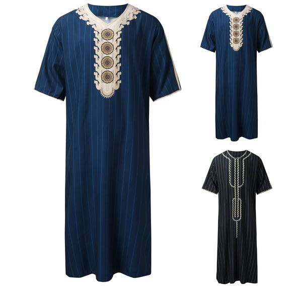 Men's Thobe Short Sleeve Graphic V Neck Muslim Robe for Men Arabic Kaftan Islamic Clothing Middle Eastern Prayer Tunic Blue 3XL