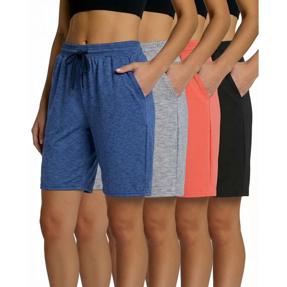 4 Pack Women's Bermuda Shorts Dry Fit Athletic 7" High Waisted Long Pockets